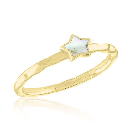 Gold-finished stainless steel ring with a star-shaped layered band.