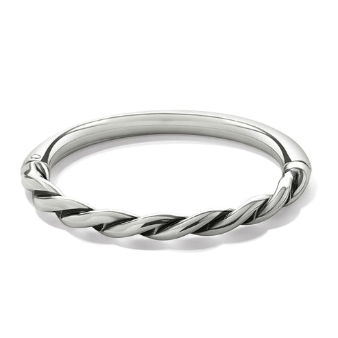 Silver plated Interlok Twist Hinged Bangle with a twisted rope design on the front.