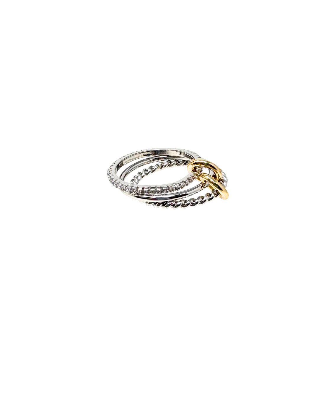 Stacked silver-tone rings with twisted and crystal-encrusted bands, joined by a gold-tone link.