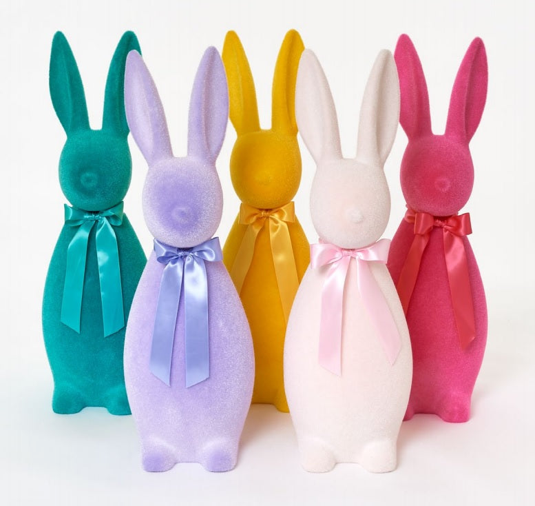 Large 27-inch flocked bunny with a button nose in soft gray fur.