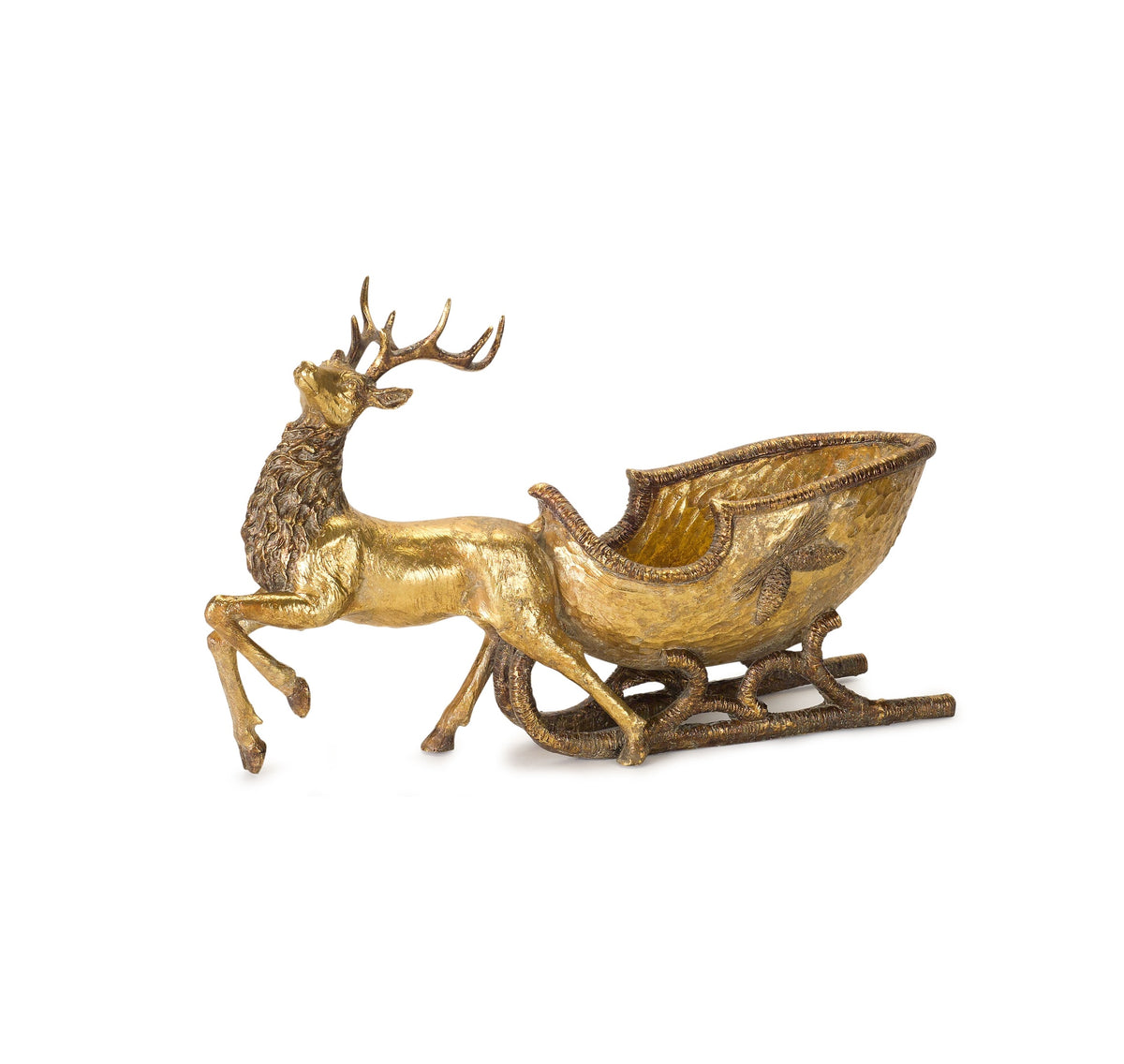 Gold resin sculpture of a 19-inch long reindeer pulling a decorative sleigh.
