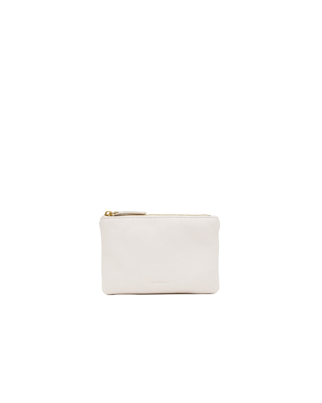 Small white leather Viva Pouch with a gold-toned top zipper and embossed logo.