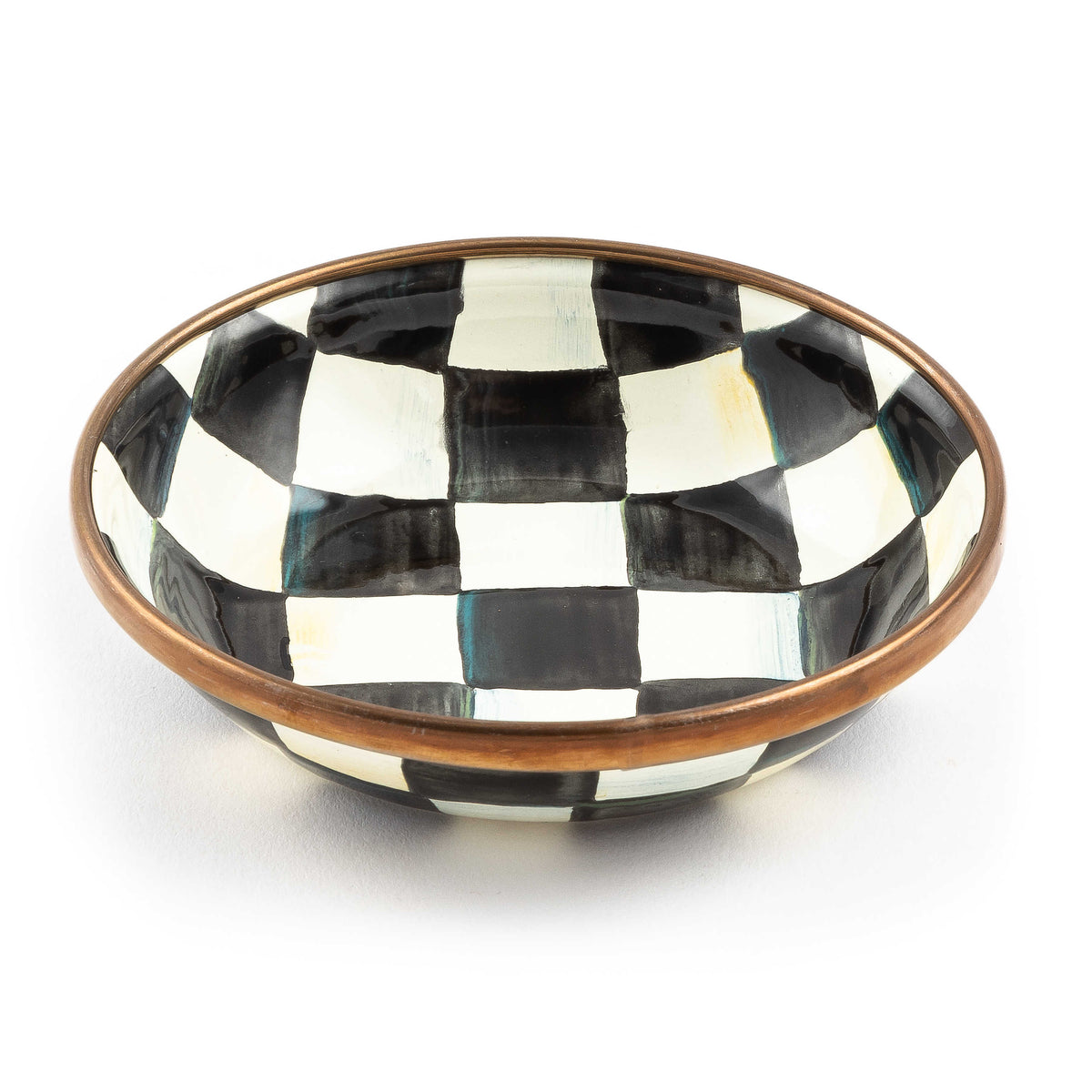 Hand-glazed steel dipping bowl with Courtly Check pattern rimmed in bronzed stainless steel.