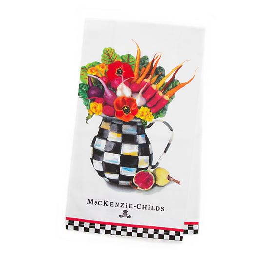 Vegetable bouquet dish towel made of cotton with a green leaf pattern on white fabric.