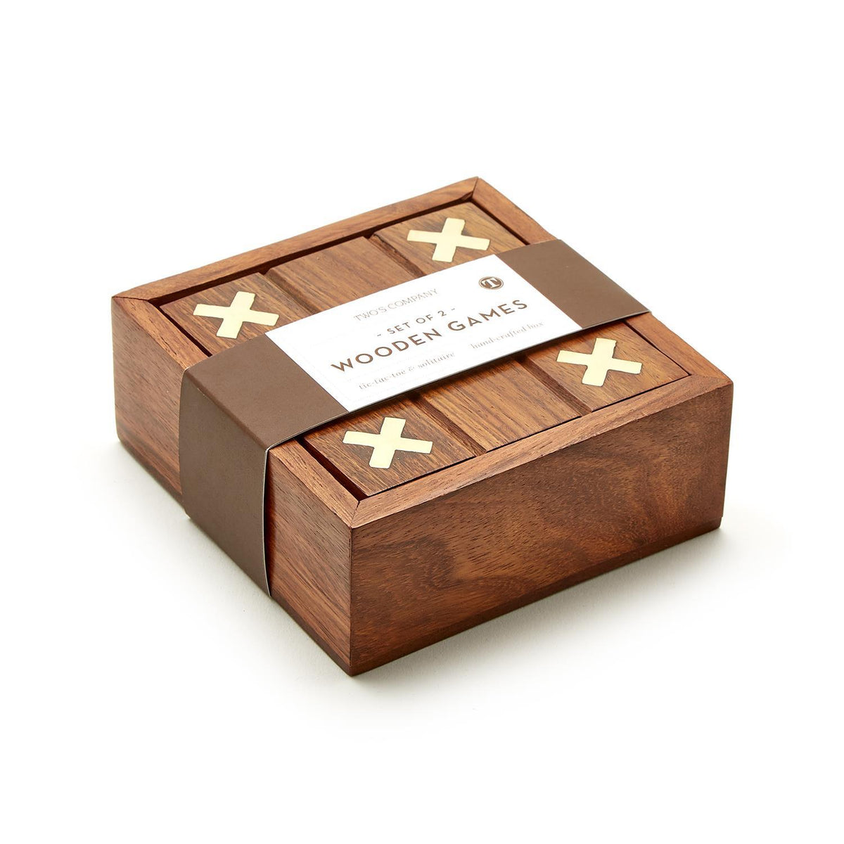 Hand-crafted acacia wood 2-in-1 game set box with brass X inlays for tic-tac-toe and solitaire.
