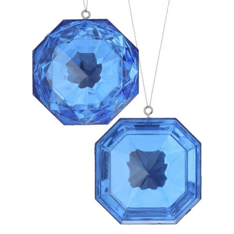 Two 4-inch blue acrylic precious gem ornaments with faceted surfaces and silver hanging strings.