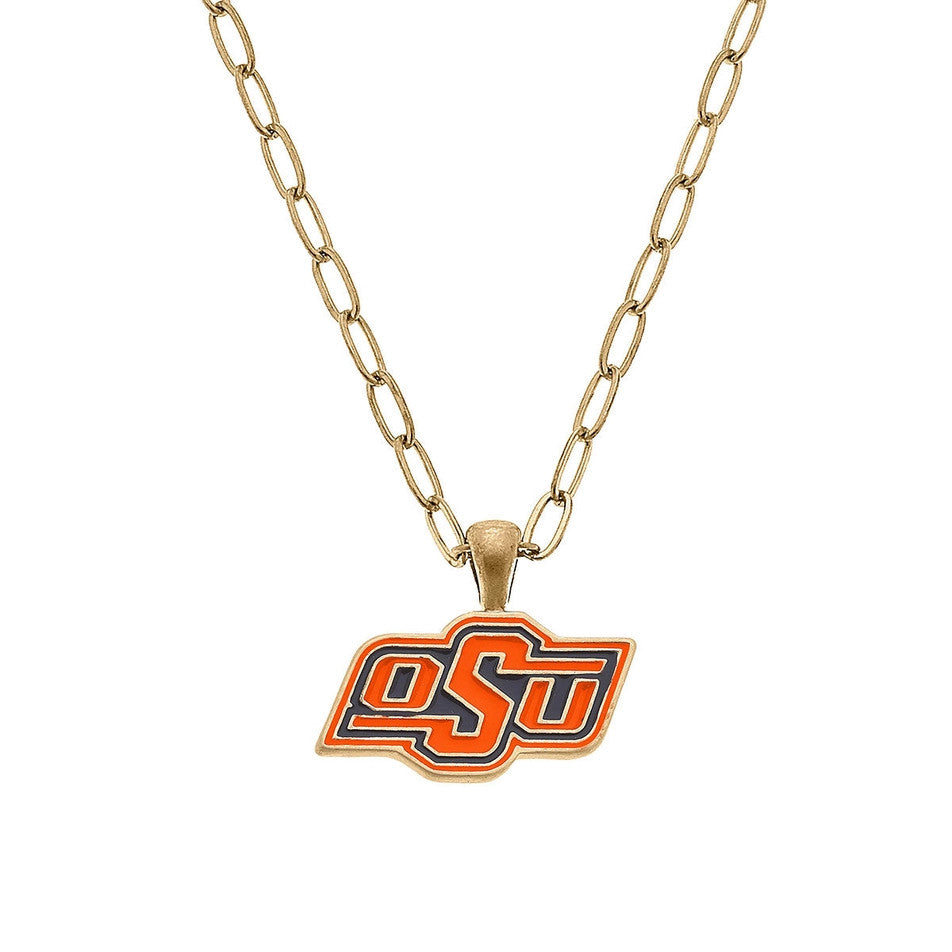 Oklahoma State Cowboys enamel pendant on a worn gold-plated paperclip chain necklace.