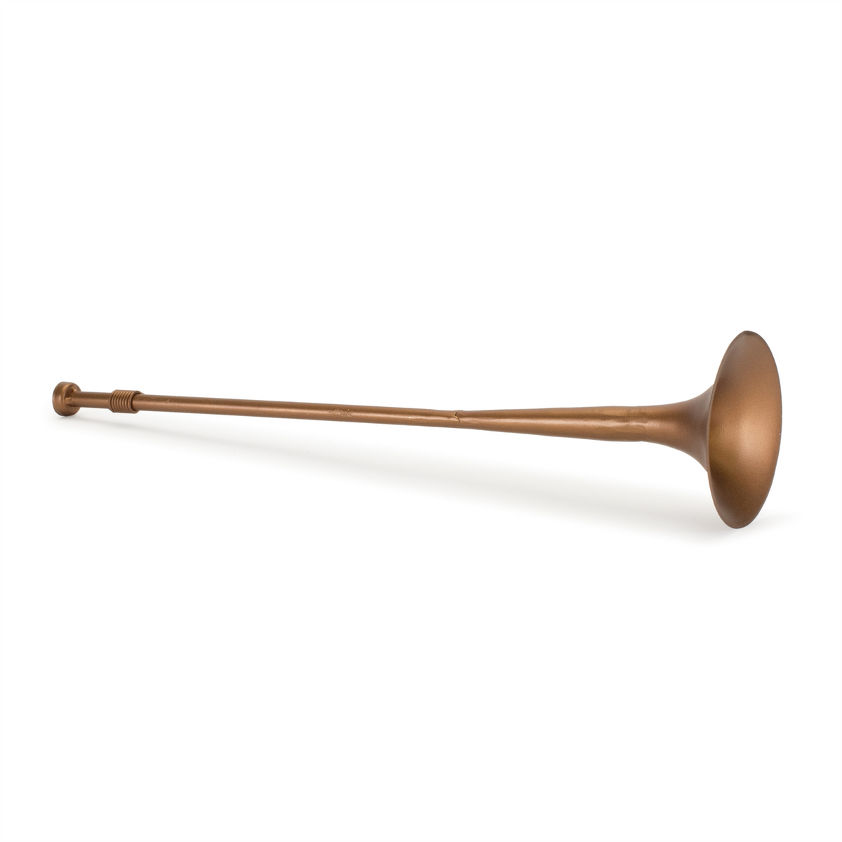 18-inch long bronze-colored metal horn with a flared bell and straight tube.