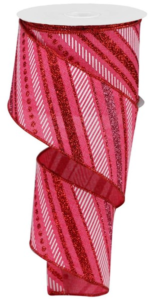 2.5-inch wide decorative ribbon with red and pink diagonal stripes and glitter accents.