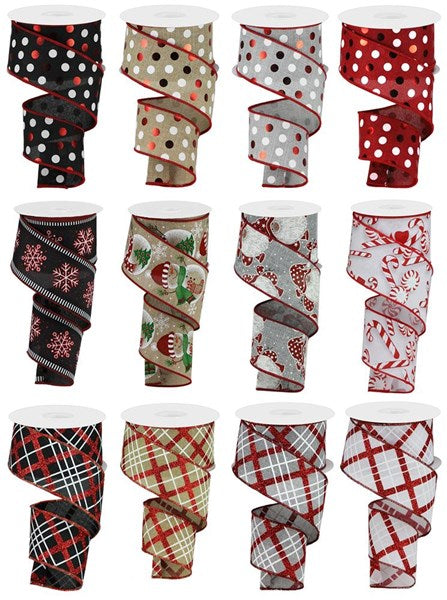 Twelve rolls of 2.5-inch Winter Joy ribbon in various polka dot, snowflake, and plaid patterns.