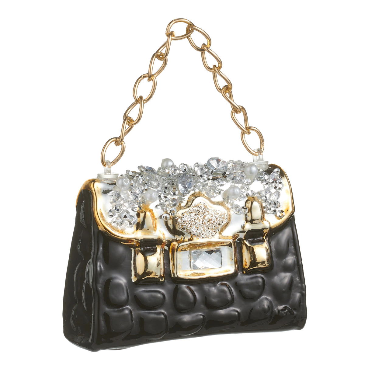 3.5-inch black quilted purse ornament with gold trim, jeweled flap, and gold chain handle.