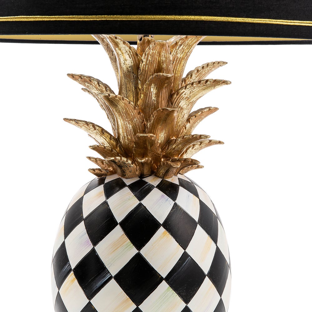 Hand-painted resin pineapple table lamp with antiqued silver accents on a tall base and matching shade.