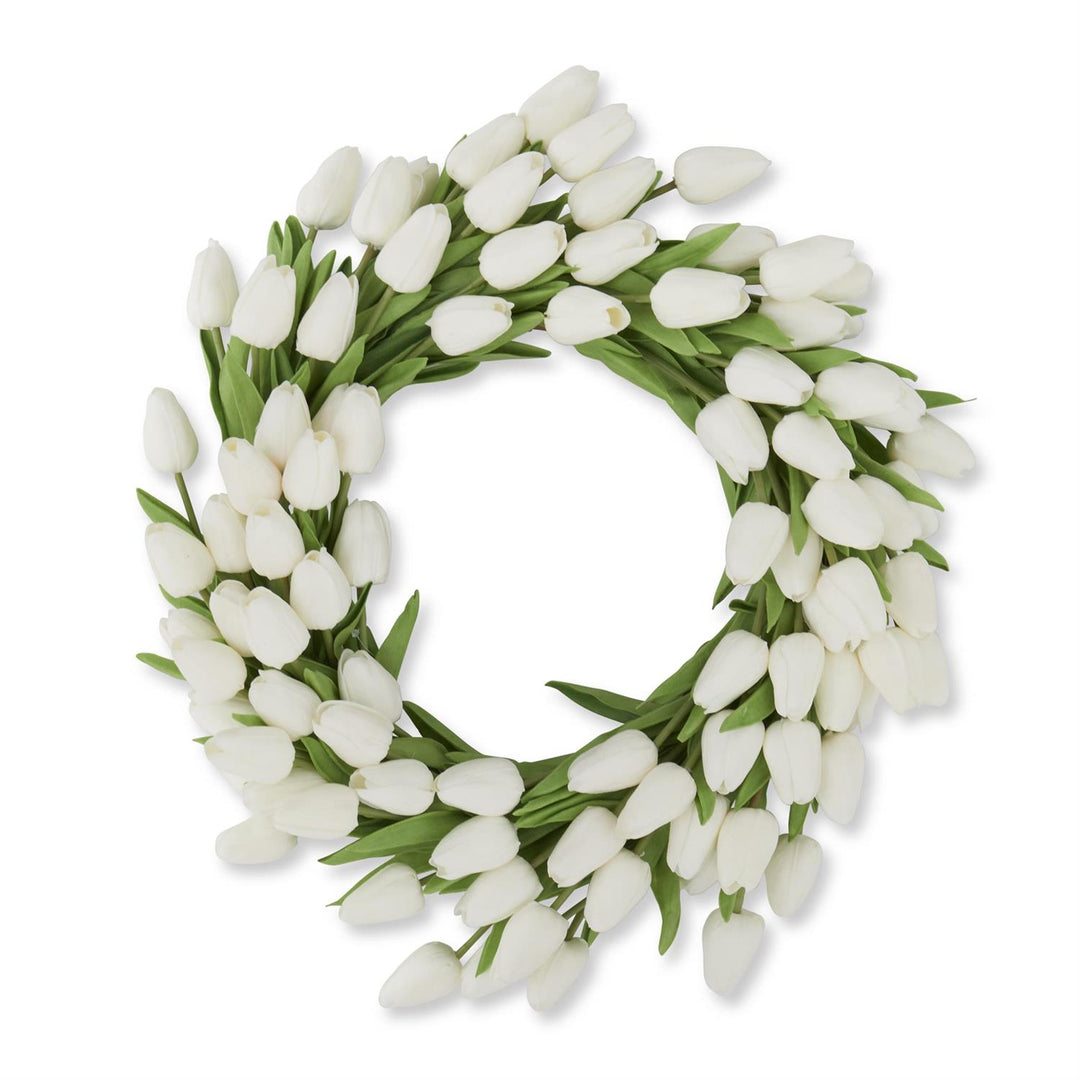 Mini tulip wreath with twenty-two-inch diameter featuring eighty artificial tulips in purple and green foliage on a wire frame.