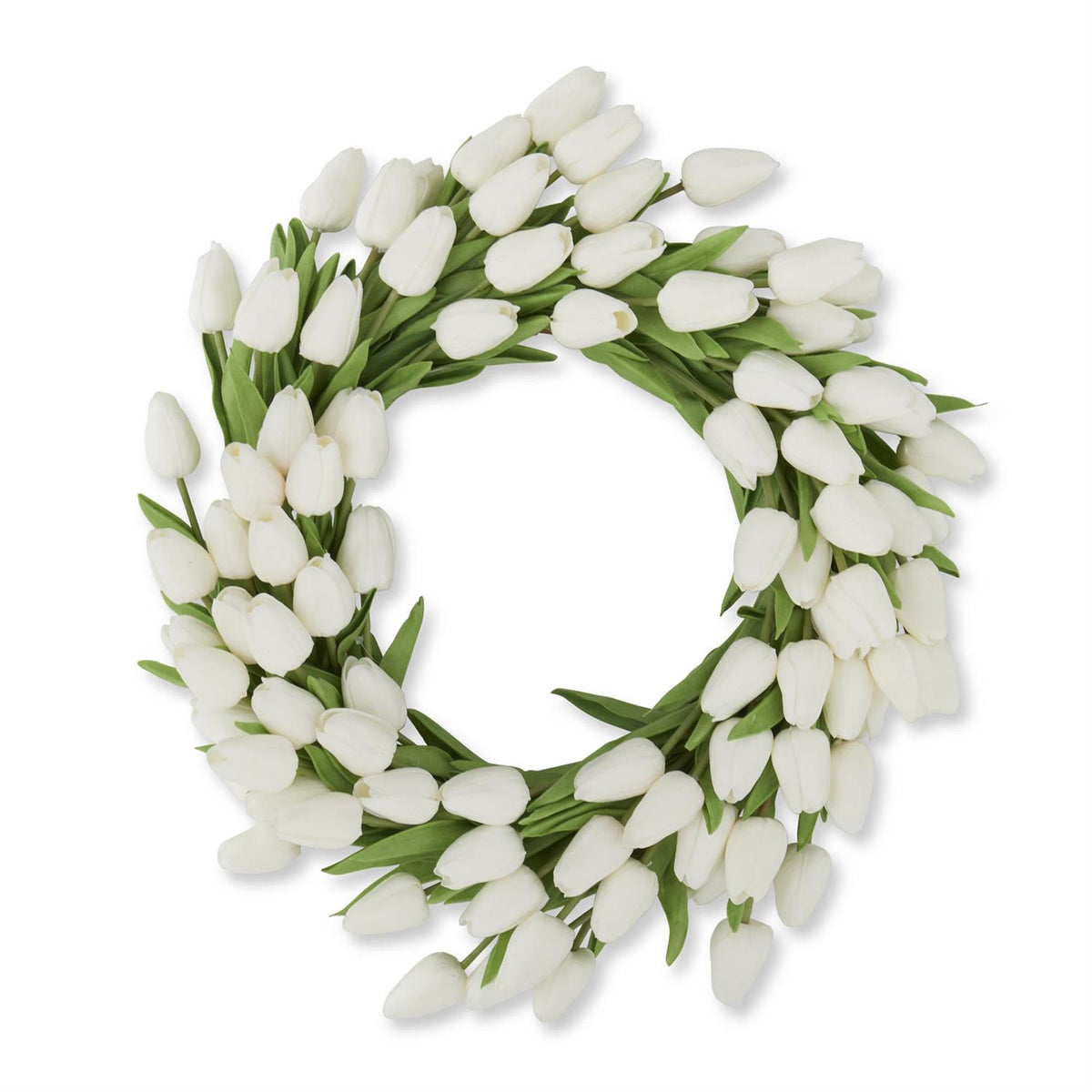 Mini tulip wreath with twenty-two-inch diameter featuring eighty artificial tulips in purple and green foliage on a wire frame.