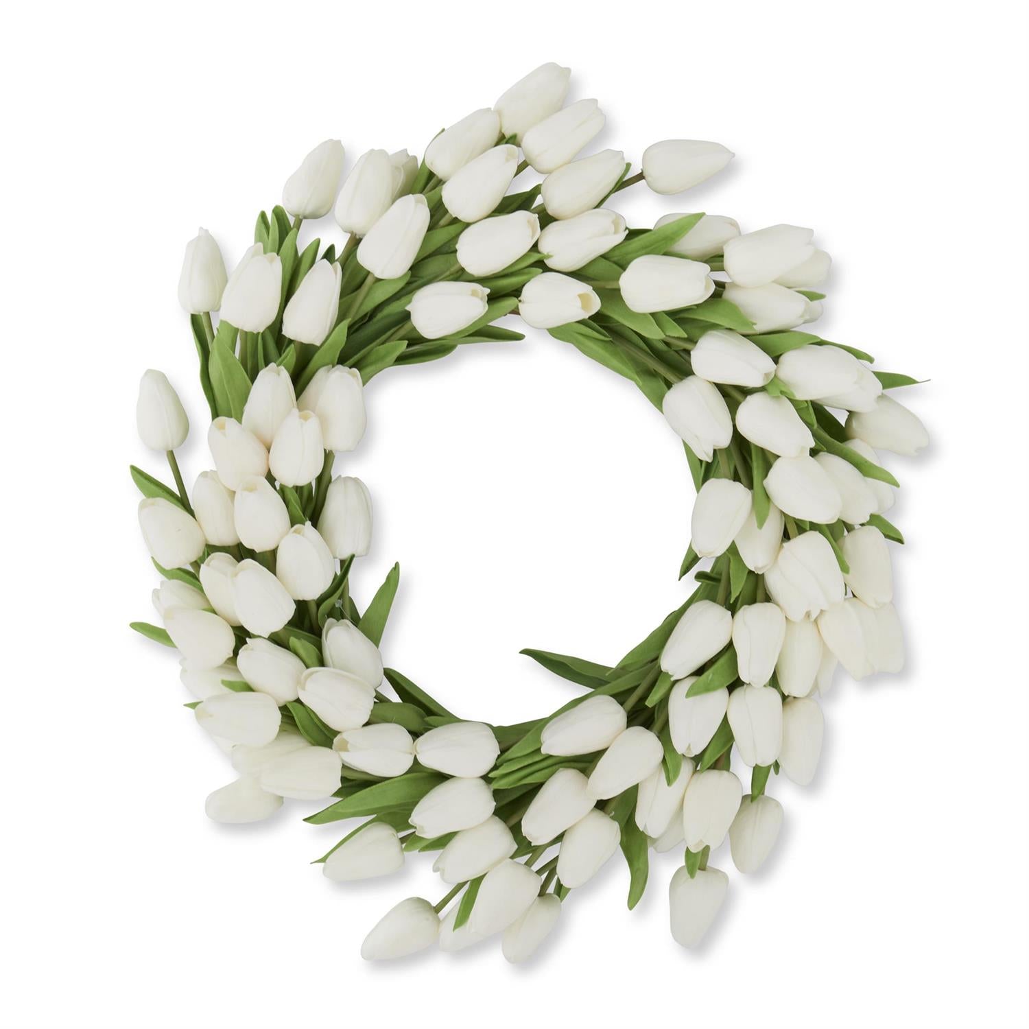 Mini tulip wreath with twenty-two-inch diameter featuring eighty artificial tulips in purple and green foliage on a wire frame.