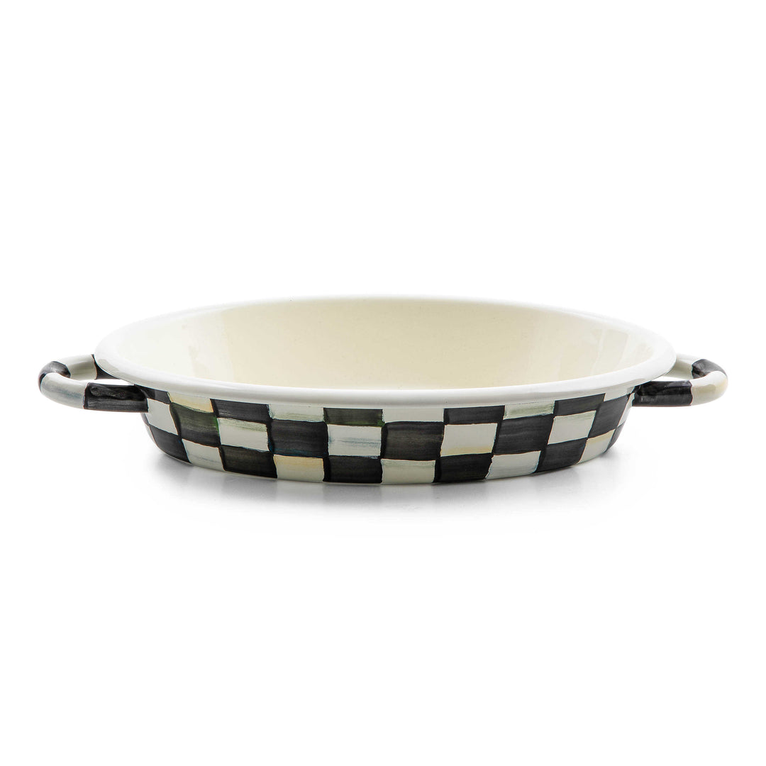 Courtly Check medium oval gratin dish with hand-painted black and white checks and side handles.