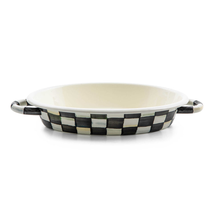 Courtly Check medium oval gratin dish with hand-painted black and white checks and side handles.