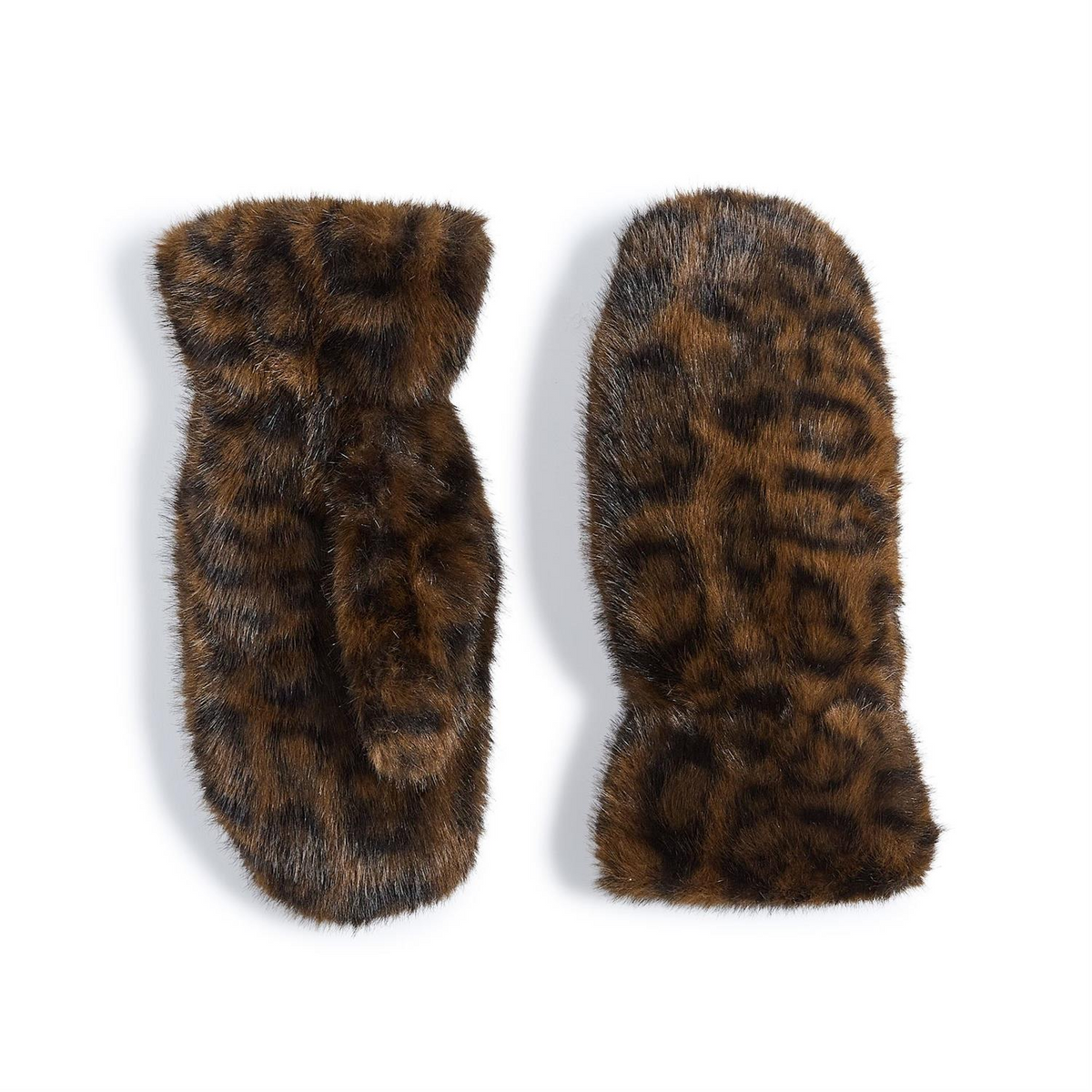A pair of brown leopard print faux fur mittens with a soft, fuzzy texture.