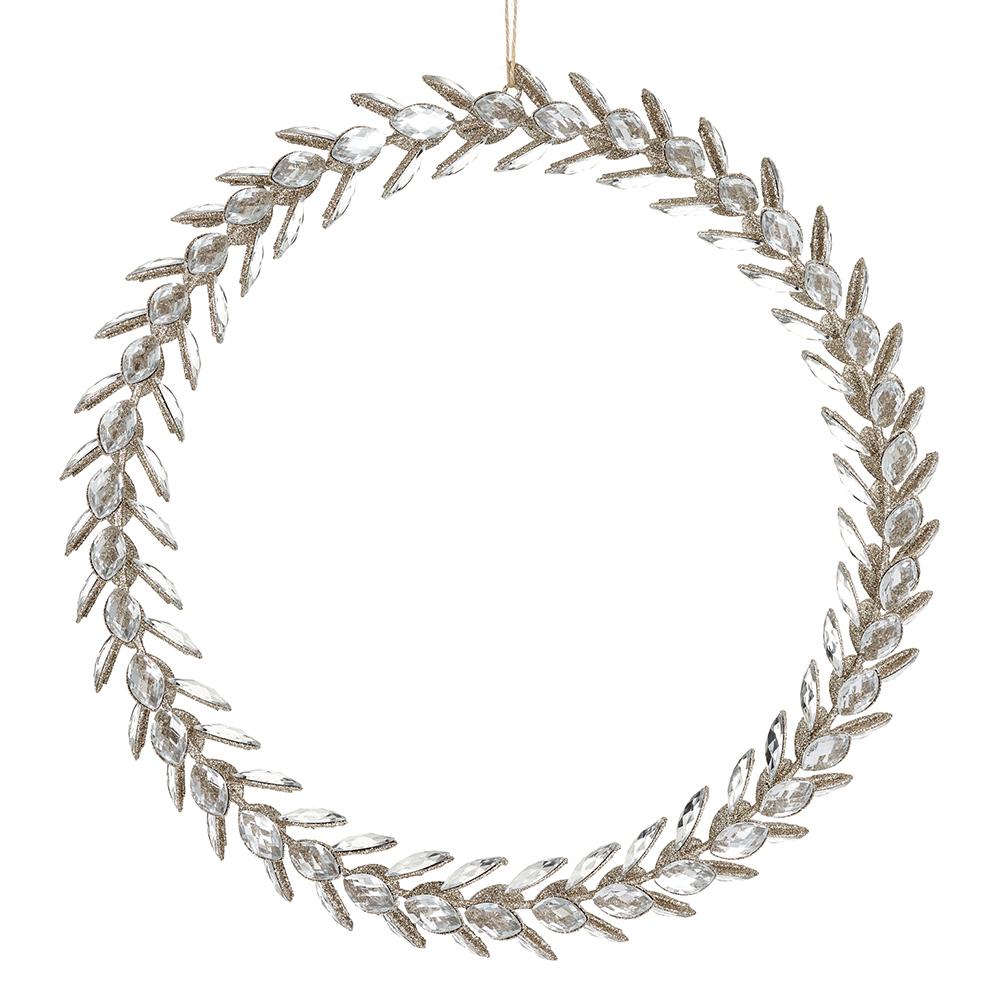 20-inch circular wreath featuring gold glittered leaves and clear faceted rhinestones.