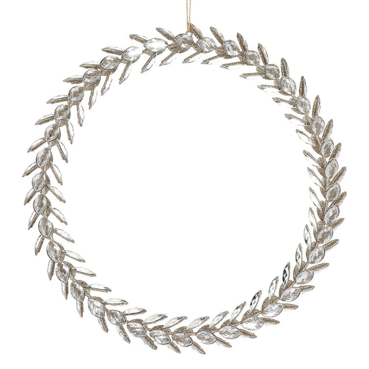 20-inch circular wreath featuring gold glittered leaves and clear faceted rhinestones.