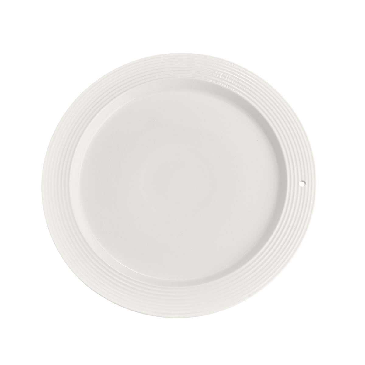 Round pinstripe-patterned serving platter with a classic base design