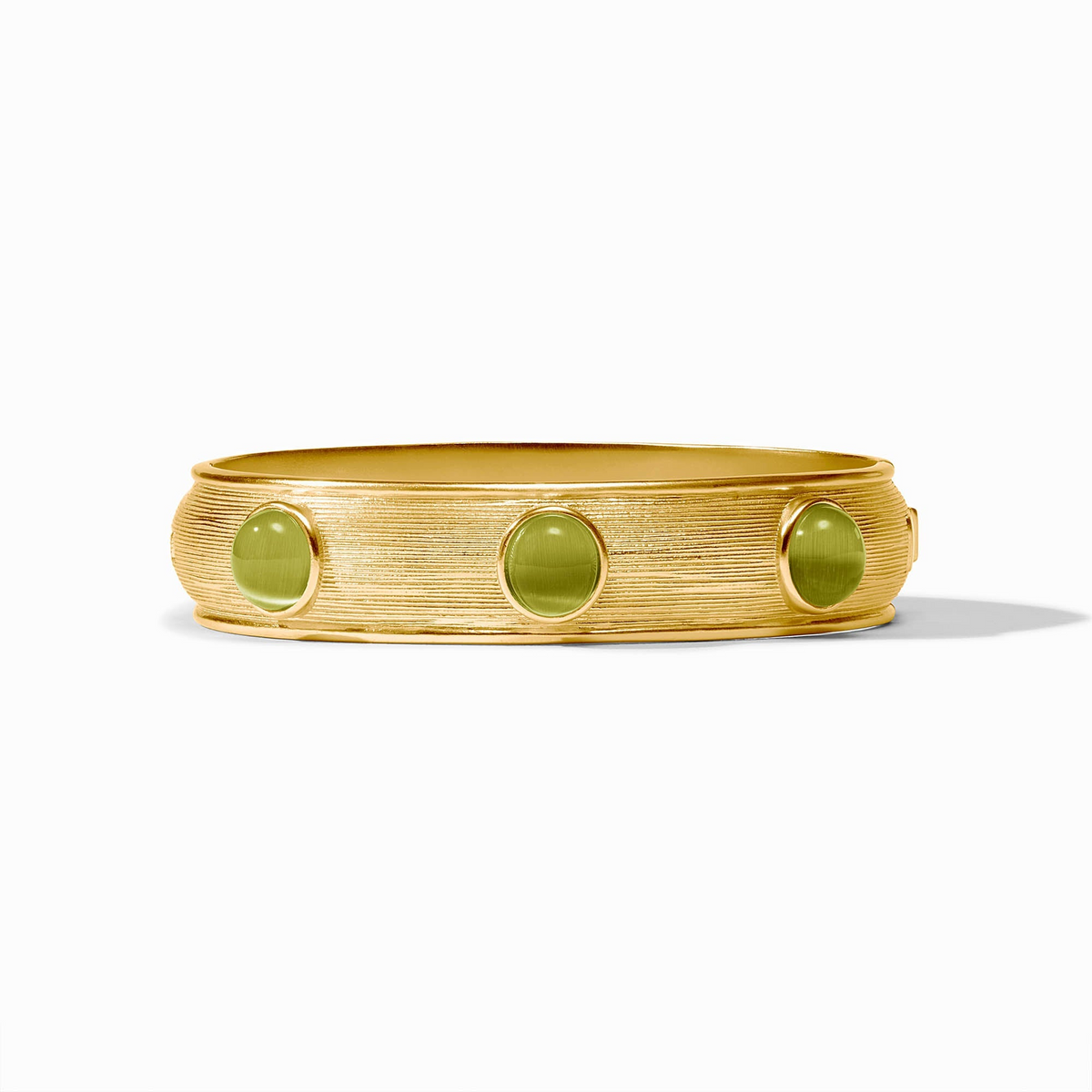 Gold Cobblestone Stone Hinge Bangle with three round green glass stones and textured finish.