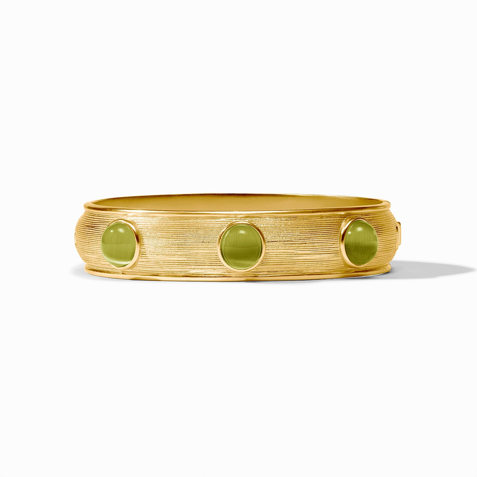 Gold Cobblestone Stone Hinge Bangle with three round green glass stones and textured finish.