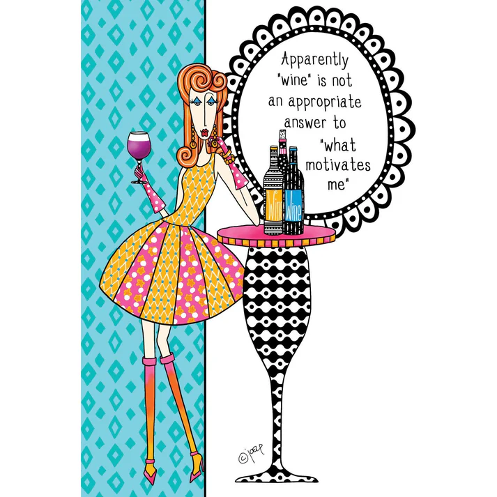 Dolly BD mug with foil embossed text reading 'Motivates Me' and internal message about wine.