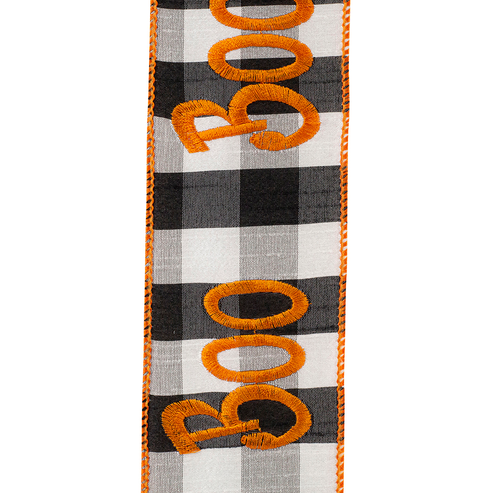 Boo embroidery on black and white buffalo check dupioni ribbon with orange wired edges.