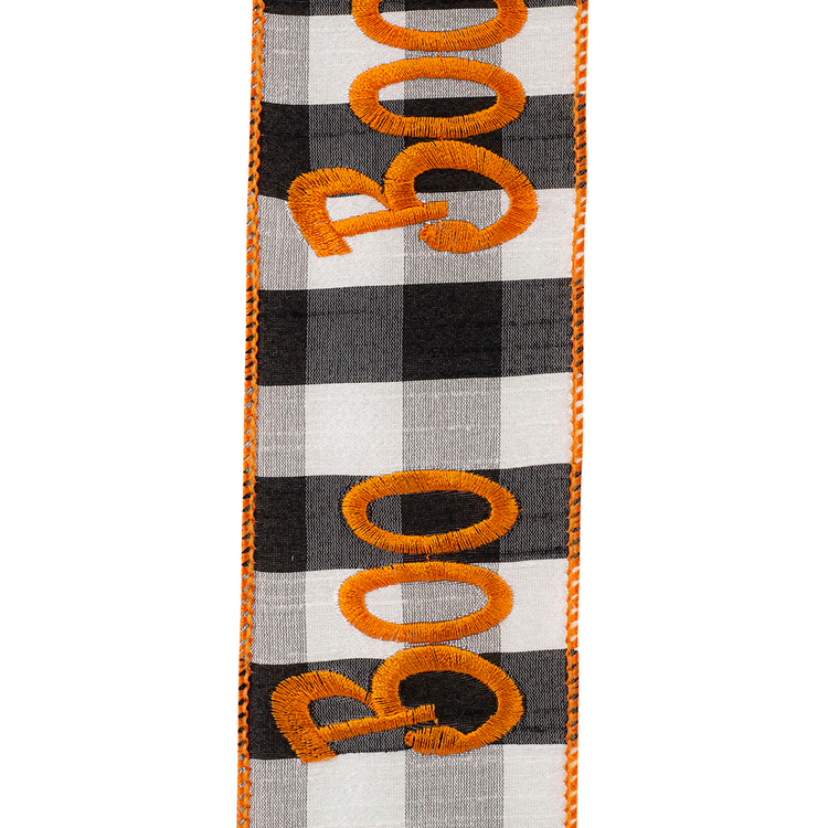 Boo embroidery on black and white buffalo check dupioni ribbon with orange wired edges.