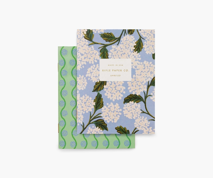 Pair of saddle-stitched pocket notebooks with natural vellum covers featuring metallic gold foil stamping.