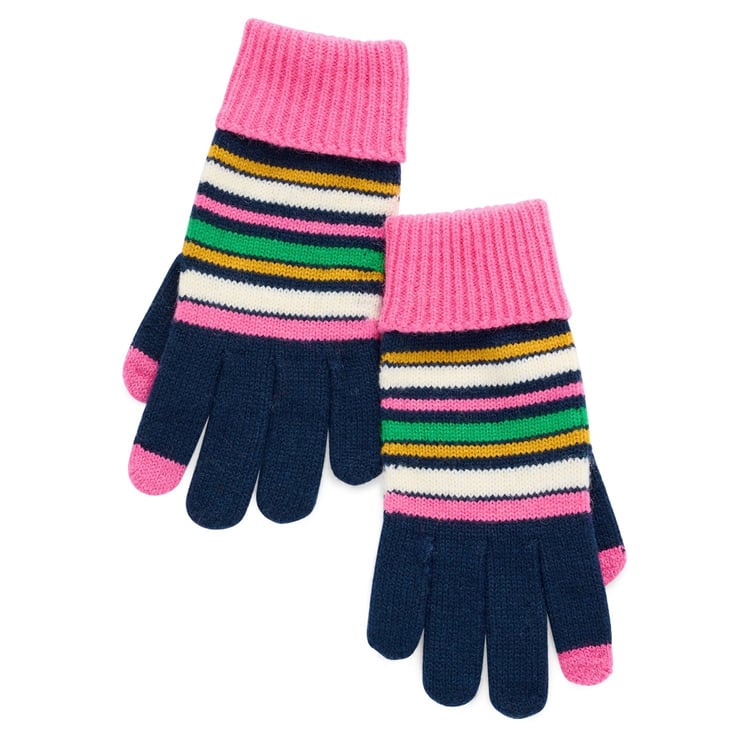 Elle Touchscreen Gloves with navy blue fingers, pink cuffs, and multi-colored stripes.