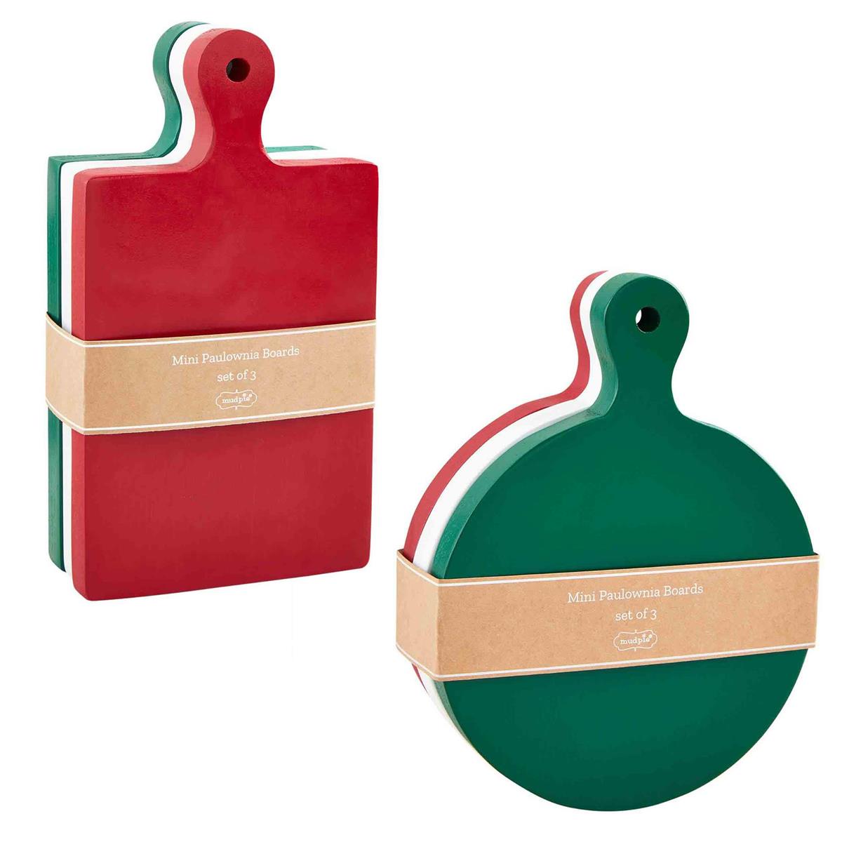 Red, white, and green Paulownia wood mini paddle board set with matching accessories.