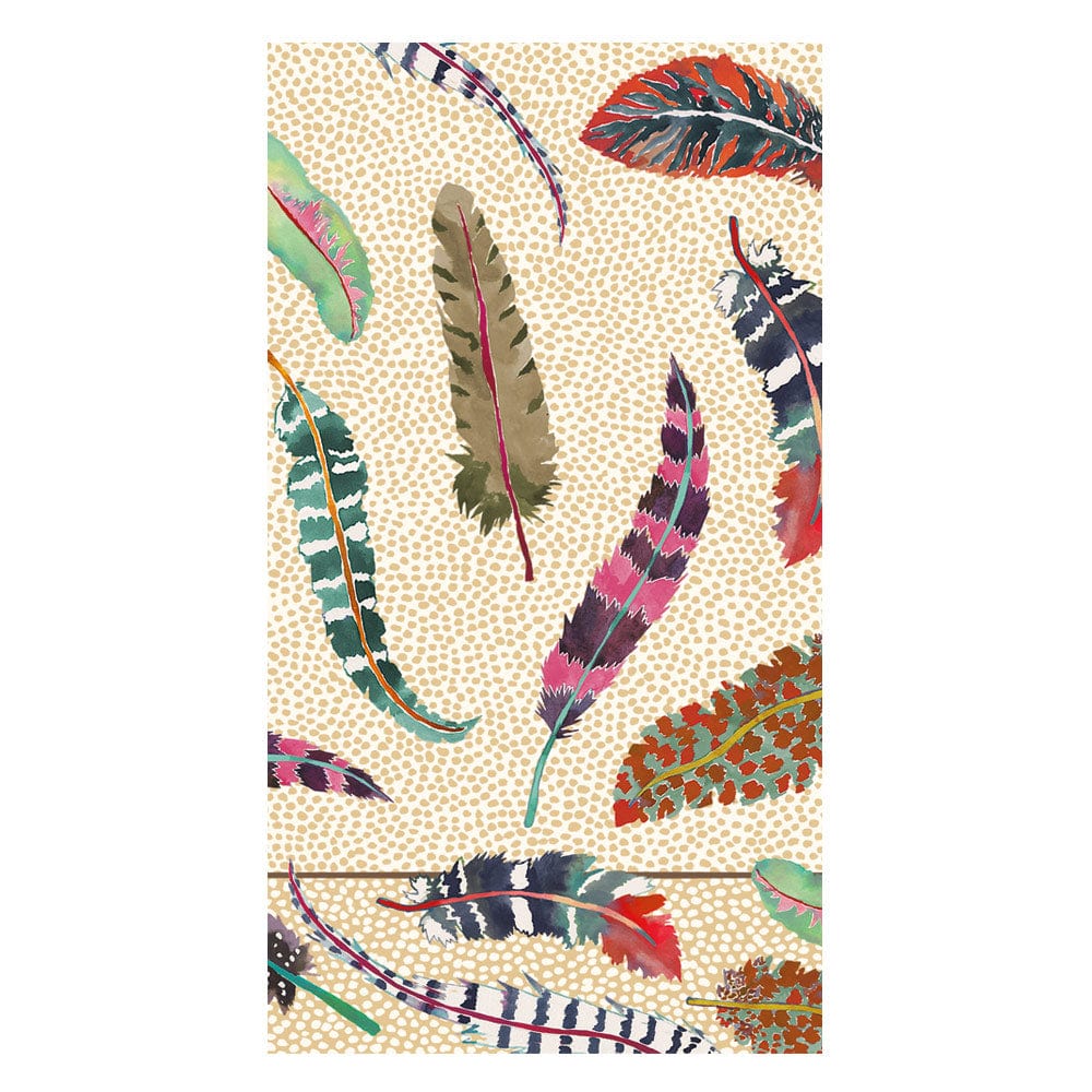 Plumage Guest Towels featuring colorful watercolor feathers on a dotted cream background.