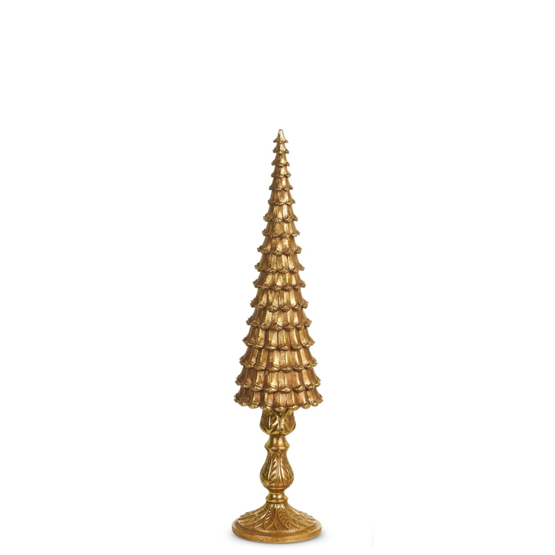 Tall gold pinecone tree statue with a tiered texture on an ornate pedestal base.