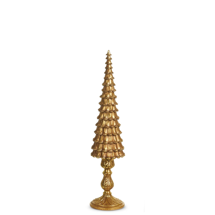 Tall gold pinecone tree statue with a tiered texture on an ornate pedestal base.
