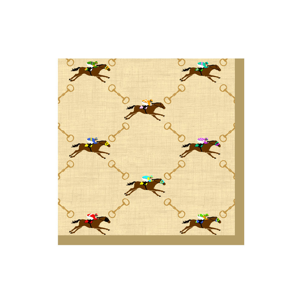 Cocktail napkin with a pattern of racing horses, jockeys, and gold bit chains on a tan background.