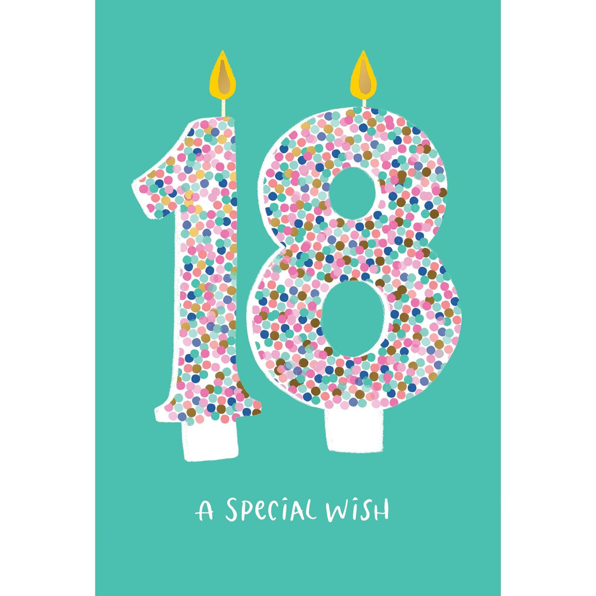 18th birthday card with colorful confetti number candles and the text 'A SPECIAL WISH'.