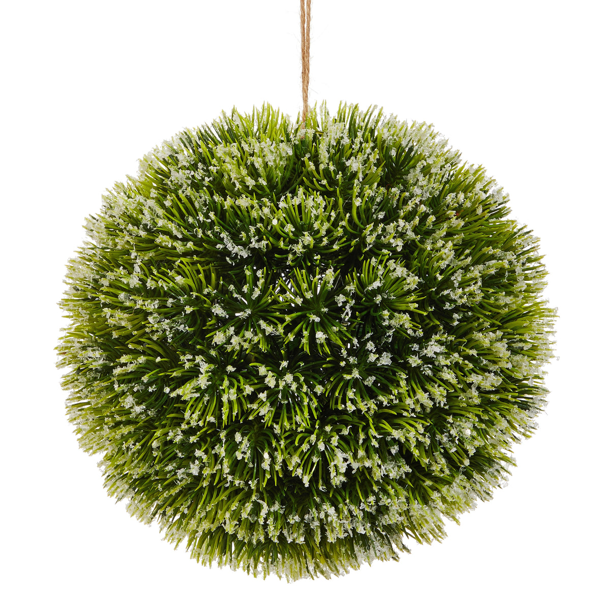 7-inch frosted green pine needle ball ornament hanging from a jute string.