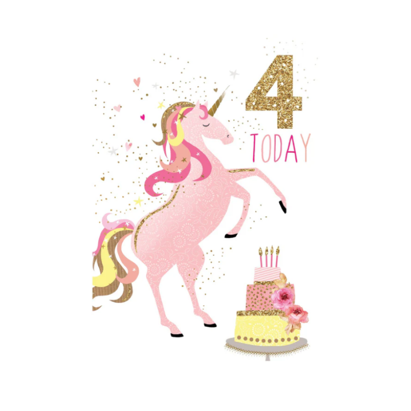 Sara Miller 4th birthday card featuring a pink glittery unicorn rearing next to a tiered cake.