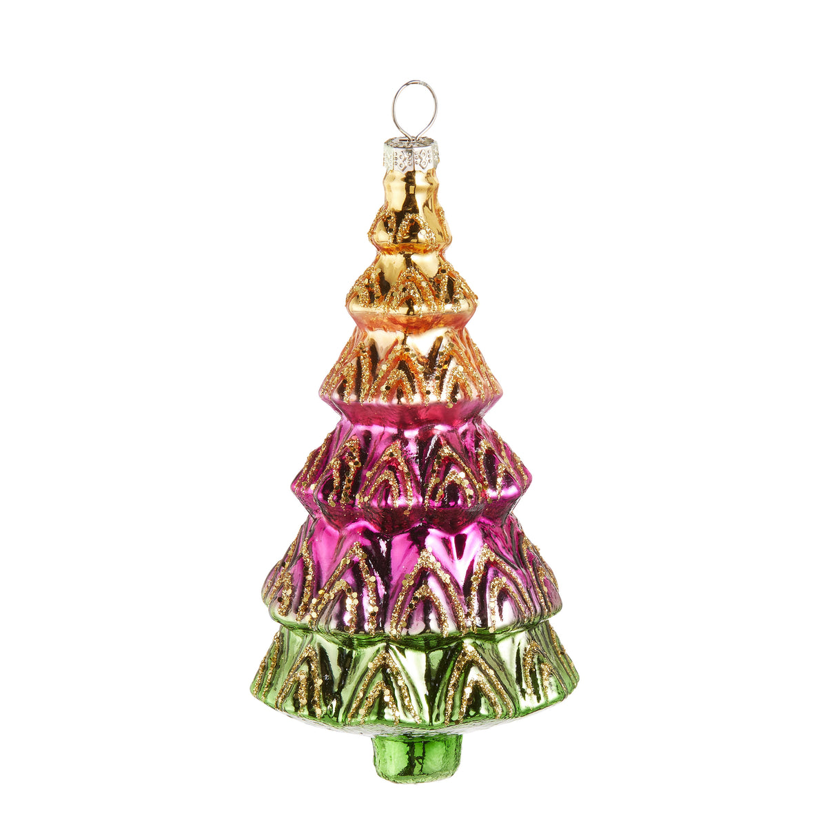 5-inch glass Christmas tree ornament with metallic gold, pink, and green tiers and glitter accents.