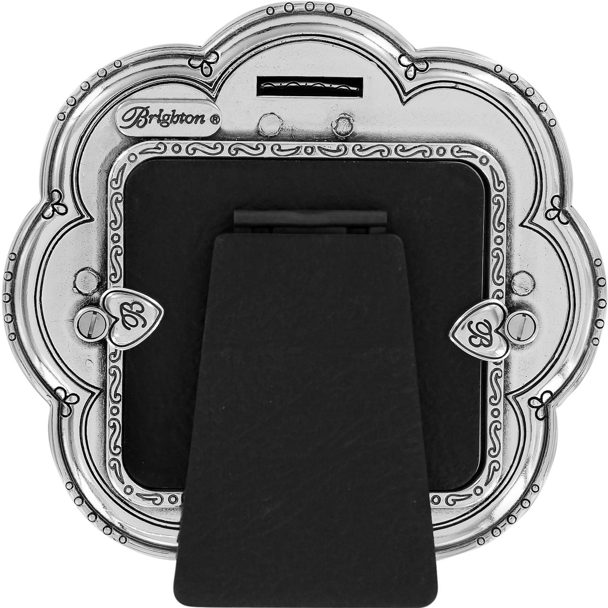 Blue enamel flower frame holding a photo with dangling pin charms