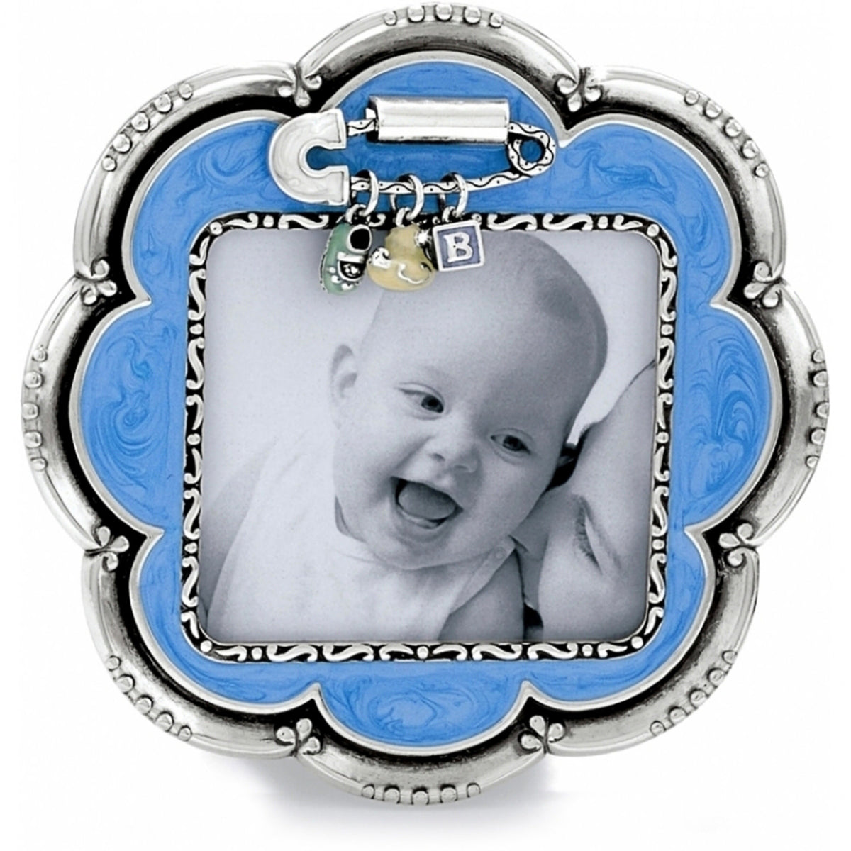Blue enamel flower frame holding a photo with dangling pin charms