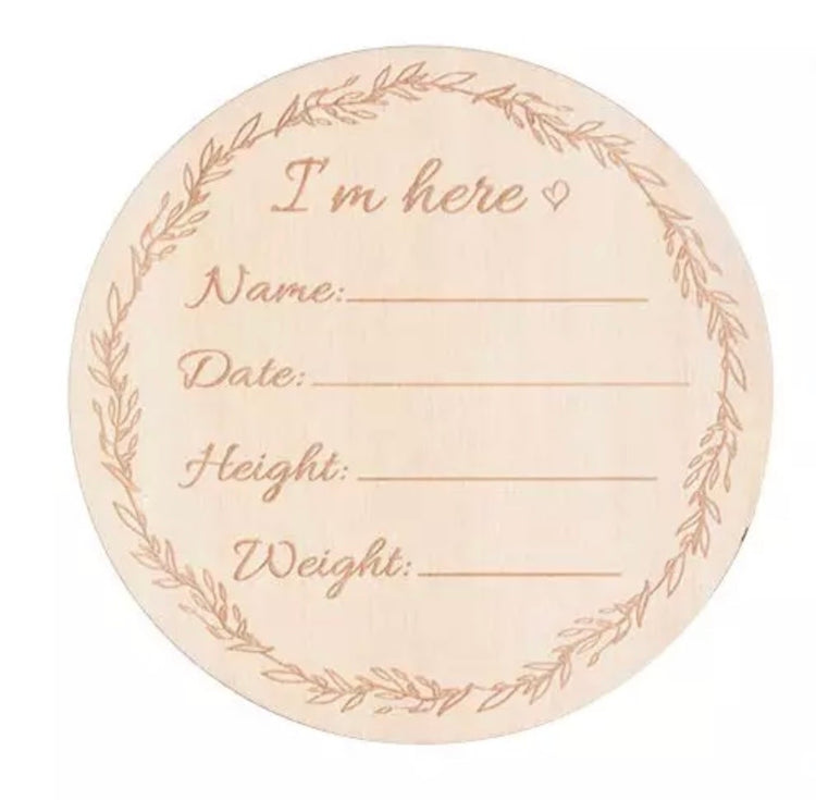 Bohemian baby milestone cards set in natural basswood with engraved text including Hello World and growth measurements.
