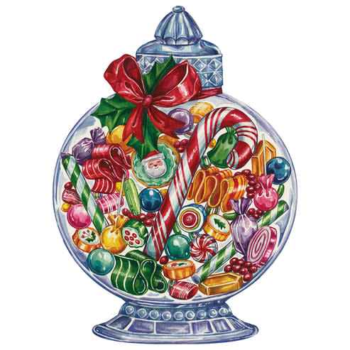 Die-cut placemat shaped like a glass candy jar filled with colorful Christmas sweets and a red bow.