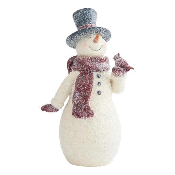Glittered resin vintage snowman figurine with a red scarf, top hat, and a small bird on its hand.