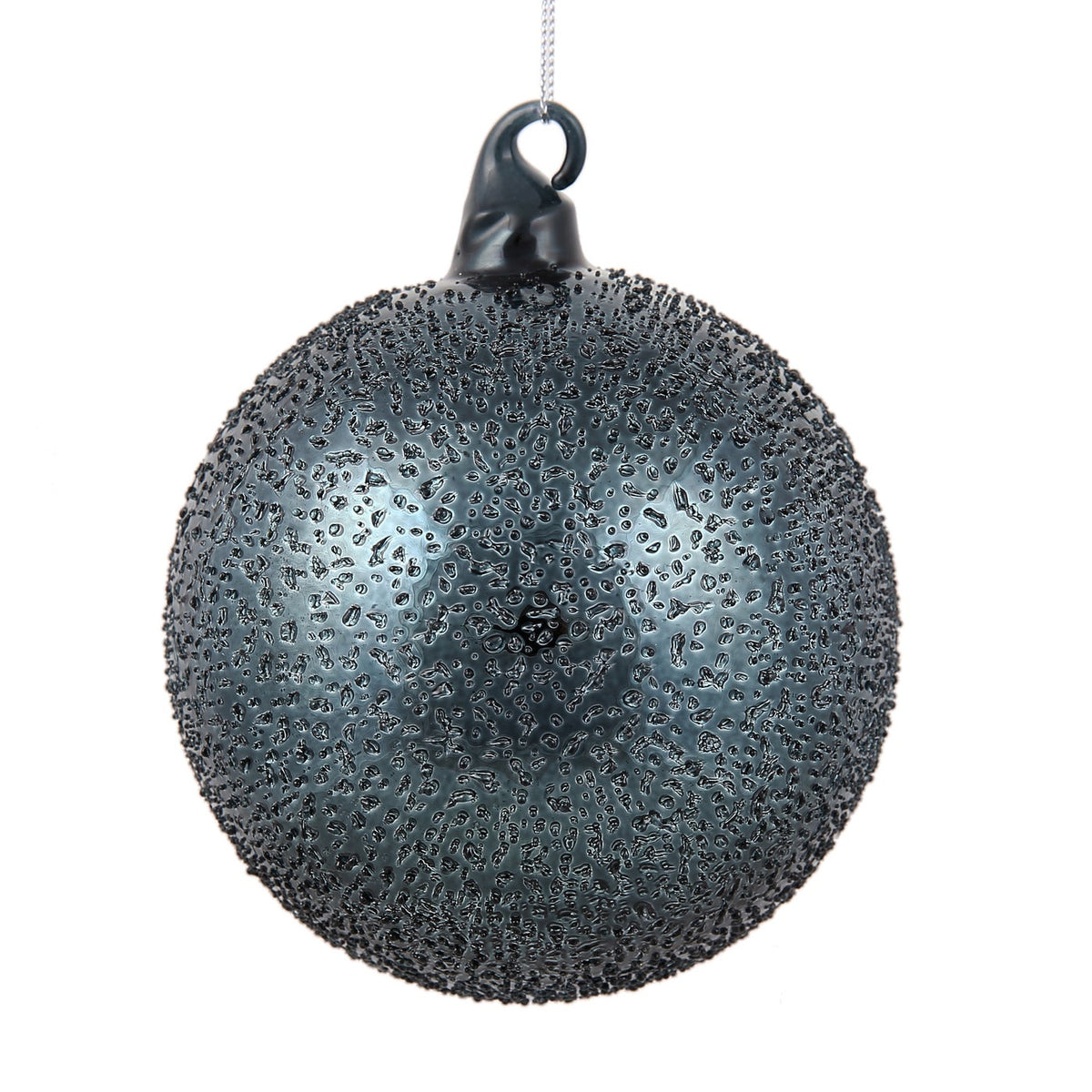 Dark blue 120mm glass ball ornament with a textured beaded surface and a hanging loop.