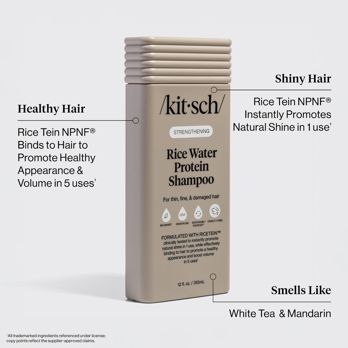 Kitsch Strengthening Rice Water Protein Shampoo bottle with key benefits and scent callouts.
