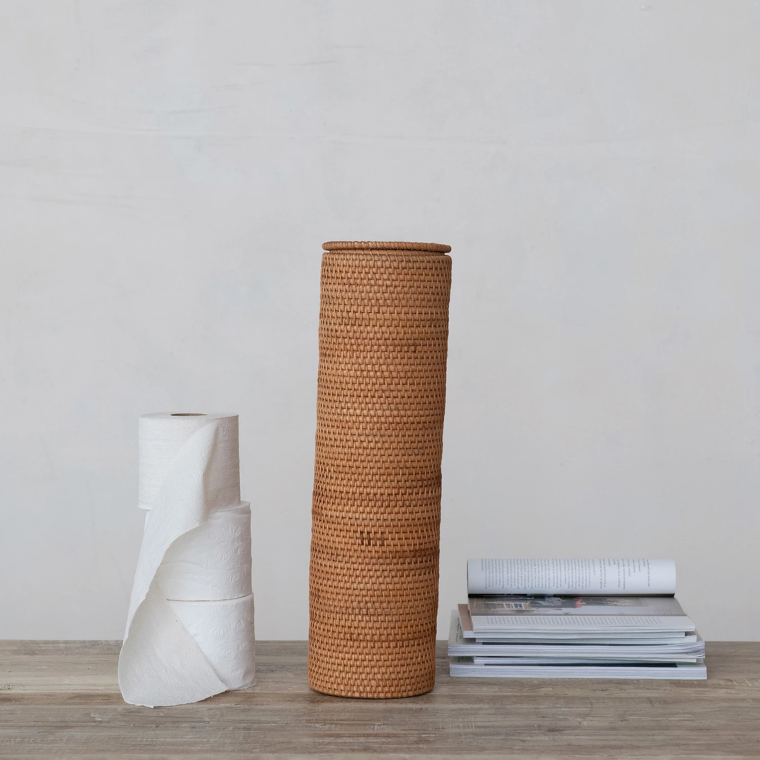 Woven Rattan Toilet Paper Roll Storage w/ Lid