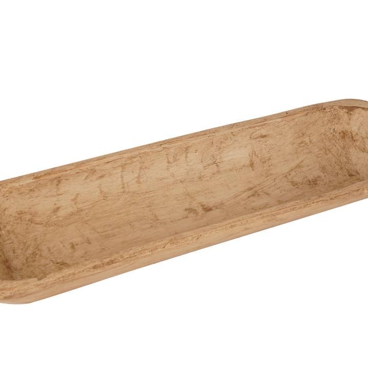 Hand-carved rustic wooden French baguette dough bowl with a primitive white finish and natural grain pattern.